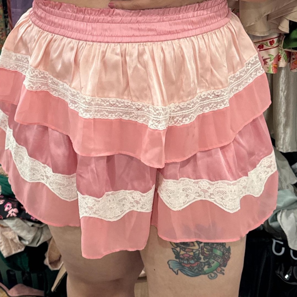 Pink tiered LoveShackFancy mini skirt